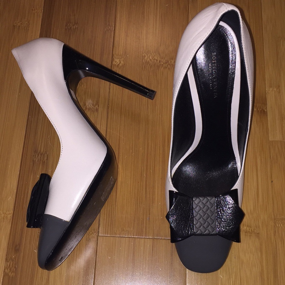 White grey and black heels with bow